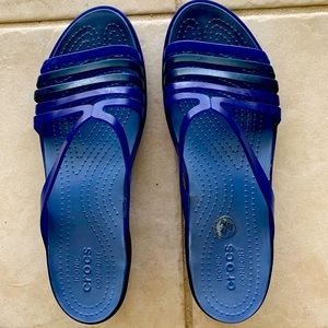 Women’s navy blue sandals, lightly worn, ombré colored straps,
